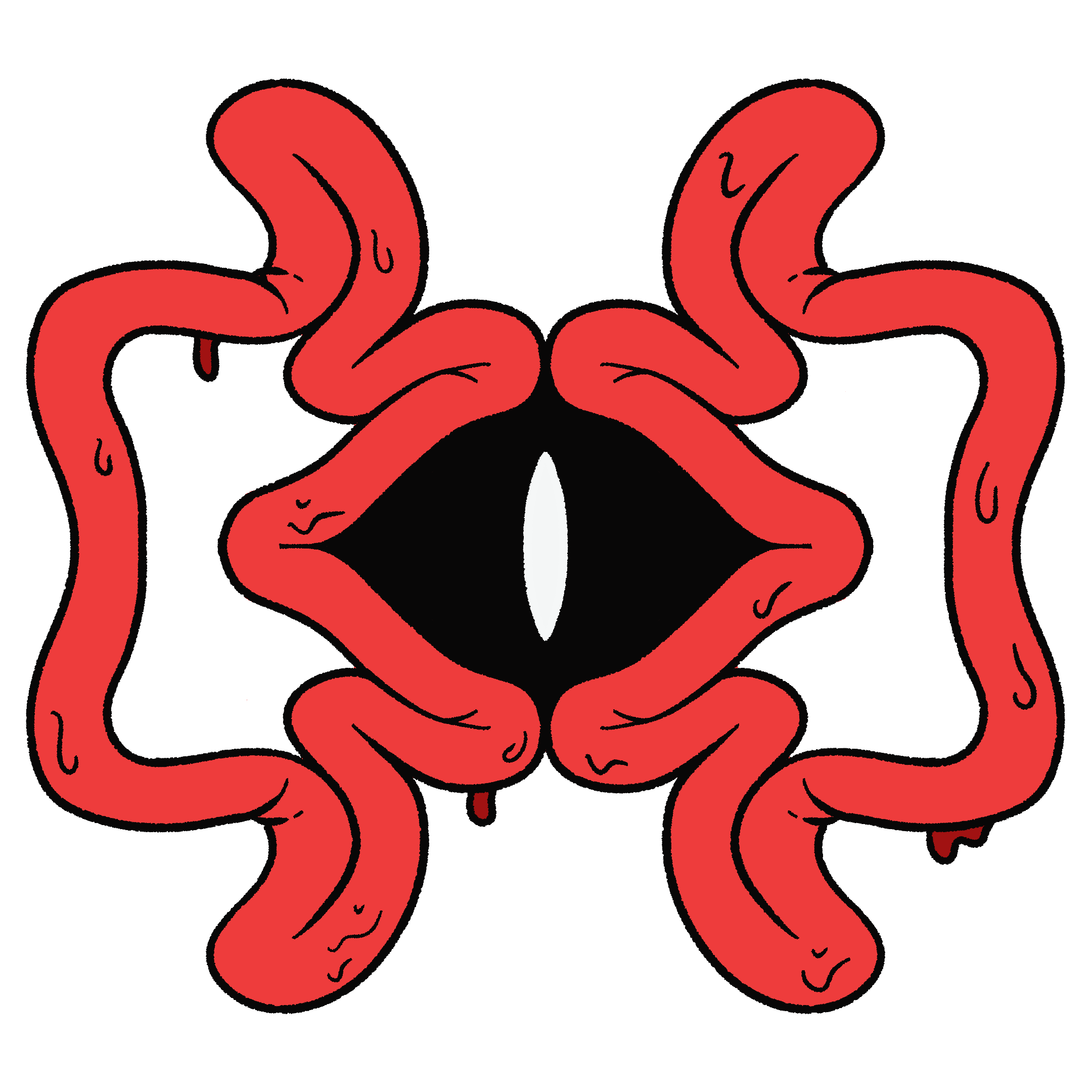 Illustration of red intestines forming a pattern around a black eye.